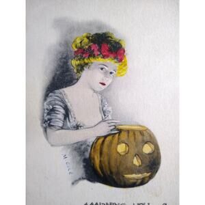 Halloween Postcard May L. Farini Hand Tinted Victorian Lady JOL Pumpkin M Cole